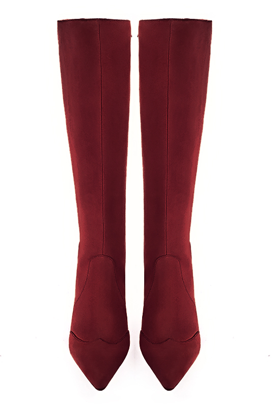 Burgundy red women's feminine knee-high boots. Pointed toe. Medium block heels. Made to measure. Top view - Florence KOOIJMAN